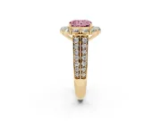 Fancy Pink Radiant Cut Diamond Halo Engagement Ring Set in Yellow gold with Split Shank and Prong Setting