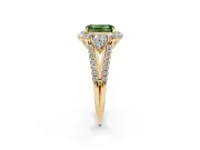 Fancy Green Emerald Cut Diamond Halo Split Shank Engagement Ring Set in Yellow gold with Prong-Held Center Stone