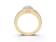 Cushion Cut Diamond Halo Ring Set in Yellow gold with Pavé Split Shank and Prong Setting