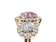 Round Three Stone Halo Engagement Ring Setting for a Fancy Pink Lab-Grown Diamond | Rose Gold