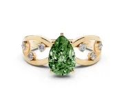 Fancy Green Pear Cut Diamond Solitaire Ring Set in Yellow gold with Side Stones on Criss-Cross Band and Prong Setting