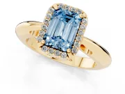 Fancy Blue Emerald Cut Diamond Halo Engagement Ring Set in Yellow gold with Plain Split Shank and Prong Setting