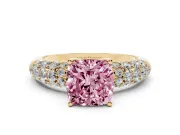 Cushion Cut Multi Row Pave Engagement Ring Setting for a Fancy Pink Lab-Grown Diamond | Yellow Gold