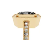 Fancy Black Radiant Cut Diamond Halo Engagement Ring Set in Yellow gold with Pavé Band and Round Halo Stones