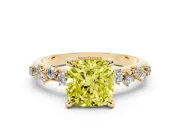 Fancy Yellow Cushion Cut Diamond Solitaire Vine Band Ring Set in Yellow gold with Round Accents and Prong Setting
