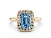 Fancy Blue Emerald Cut Halo Round Diamond Solitaire Ring Set in Yellow gold with Pavé Band and Prong Setting