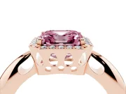 Fancy Pink Asscher Cut Diamond Halo Engagement Ring Set in Rose gold with Plain Split Shank and Prong Setting