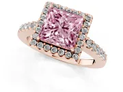 Fancy Pink Princess Cut Diamond Halo Pavé Solitaire Ring Set in Rose gold with Prong-Set Center Stone