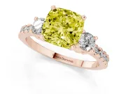 Fancy Yellow Three-Stone Cushion Cut Diamond Pavé Band Ring Set in Rose gold with Prong Setting