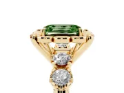 Fancy Green Emerald Cut Diamond Floral Halo Ring Set in Yellow gold with Shared Prong Band