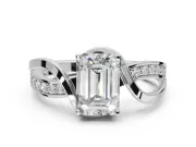 Emerald Cut Bypass Solitaire Engagement Ring Setting | Pavé and Plain Strands | Platinum