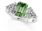 Fancy Green Emerald Cut Diamond Solitaire Ring Set in White gold with Cluster Accents on Each Side