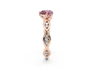 Fancy Pink Heart Cut Diamond Twist Band Solitaire Ring Set in Rose gold with Leaf Prong Setting and Accent Stones