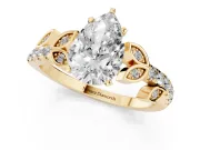 Pear-Shaped Leaf Pavé Engagement Ring Setting | Leaf Motif Shoulders | Yellow Gold