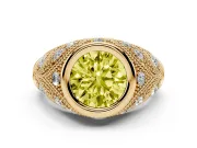 Fancy Yellow Round Cut Diamond Bezel Ring Set in Yellow gold with Milgrain Accent Band