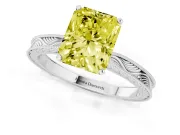 Fancy Yellow Radiant Cut Diamond Solitaire Milgrain Engraved Band Set in Silver with Prong Setting