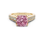 Fancy Pink Cushion Cut Diamond Solitaire Pavé Engagement Ring Set in Yellow gold with Prong Setting
