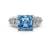 Fancy Blue Asscher Cut Diamond Cluster Engagement Ring Set in Platinum with Pavé Band and Prong Setting