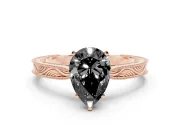 Fancy Black Pear Cut Diamond Solitaire Milgrain Engraved Band Set in Rose gold with Prong Setting