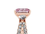 Fancy Pink Emerald Cut Diamond Three-Stone Ring Set in Rose gold with Pavé Split Shank and Prong Setting