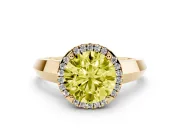 Fancy Yellow Round Cut Diamond Halo Ring Set in Yellow gold with Cathedral Band and Prong Setting