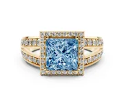 Princess Cut Halo Engagement Ring Setting for a Fancy Blue Lab-Grown Diamond | Two-Row Pave Split Shank | Yellow Gold