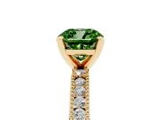 Fancy Green Cushion Cut Diamond Solitaire Ring Set in Yellow gold with Slim Pavé Band and Prong Setting