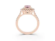 Fancy Pink Emerald Cut Diamond Double Halo Statement Ring Set in Rose gold with Pavé Band