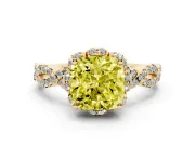 Fancy Yellow Cushion Cut Diamond Halo Twist Band Solitaire Ring Set in Yellow gold with Prong-Set Center Stone