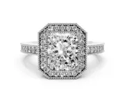 Radiant Cut Diamond Halo Engagement Ring Set in Platinum with Pavé Band and Round Halo Stones