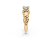 Cushion Cut Diamond Filigree Halo Engagement Ring Set in Yellow gold with Prong Setting
