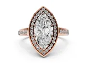 Marquise Cut Diamond Halo Solitaire Ring Set in Rose gold with Pavé Band and Bezel Setting