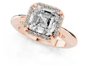 Asscher Cut Diamond Halo Engagement Ring Set in Rose gold with Plain Split Shank and Prong Setting