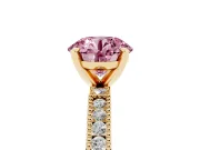 Fancy Pink Round Cut Diamond Solitaire Ring Set in Yellow gold with Slim Pavé Band and Prong Setting
