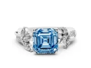 Fancy Blue Asscher Cut Diamond Floral Vine Solitaire Engagement Ring Set in Platinum with Marquise Leaves
