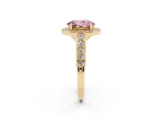 Fancy Pink Oval Cut Diamond Milgrain Halo Solitaire Ring Set in Yellow gold with Bezel Set Side Stones and Pavé Band