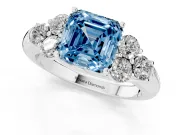 Fancy Blue Asscher Cut Diamond Cluster Ring Set in Silver with Round Accent Stones and Prong Setting on a Plain Band