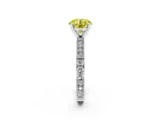 Fancy Yellow Round Cut Diamond Solitaire Ring Set in Platinum with Slim Pavé Band and Prong Setting