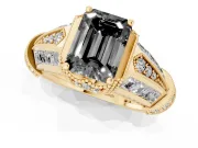 Fancy Black Emerald Cut Diamond Vintage-Inspired Milgrain Ring Set in Yellow gold with Accent Split Shank