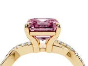 Fancy Pink Asscher Cut Diamond Twist Band Solitaire Set in Yellow gold with Pavé Accents and Prong Setting