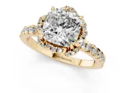 Cushion Cut Diamond Halo Pavé Band Ring Set in Yellow gold with Prong-Held Center