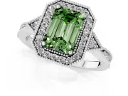 Fancy Green Emerald Cut Diamond Halo Engagement Ring Set in Silver with Milgrain Pavé Band