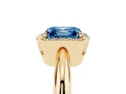 Fancy Blue Asscher Cut Diamond Halo Engagement Ring Set in Yellow gold with Plain Split Shank and Prong Setting