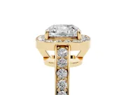 Cushion Cut Diamond Halo Pavé Engagement Ring Set in Yellow gold with Bezel Setting