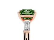 Fancy Green Princess Cut Diamond Solitaire Ring Set in Rose gold with Tapered Baguette Side Stones and Prong Setting