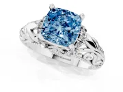 Fancy Blue Cushion Cut Diamond Filigree Halo Engagement Ring Set in Silver with Prong Setting