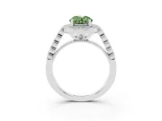 Fancy Green Oval Cut Diamond Milgrain Halo Solitaire Ring Set in White gold with Bezel Set Side Stones and Pavé Band