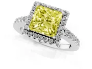 Fancy Yellow Princess Cut Diamond Halo Pavé Solitaire Ring Set in White gold with Prong-Set Center Stone