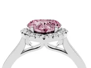 Fancy Pink Heart Cut Halo Round Diamond Solitaire Ring Set in White gold with Pavé Band and Prong Setting