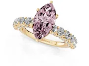 Fancy Pink Marquise Cut Diamond Solitaire Ring Set in Yellow gold with Shared Prong Pavé Band